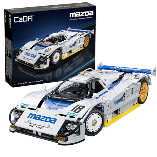 CaDA 1:10 Mazda 787B race car brick kit, box and built white and blue car number 18