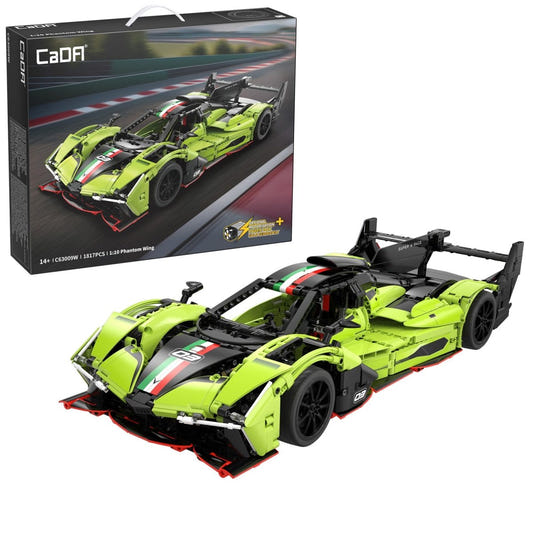CaDA 1/10 Phantom Wing brick supercar built in lime green, displayed in front of its box