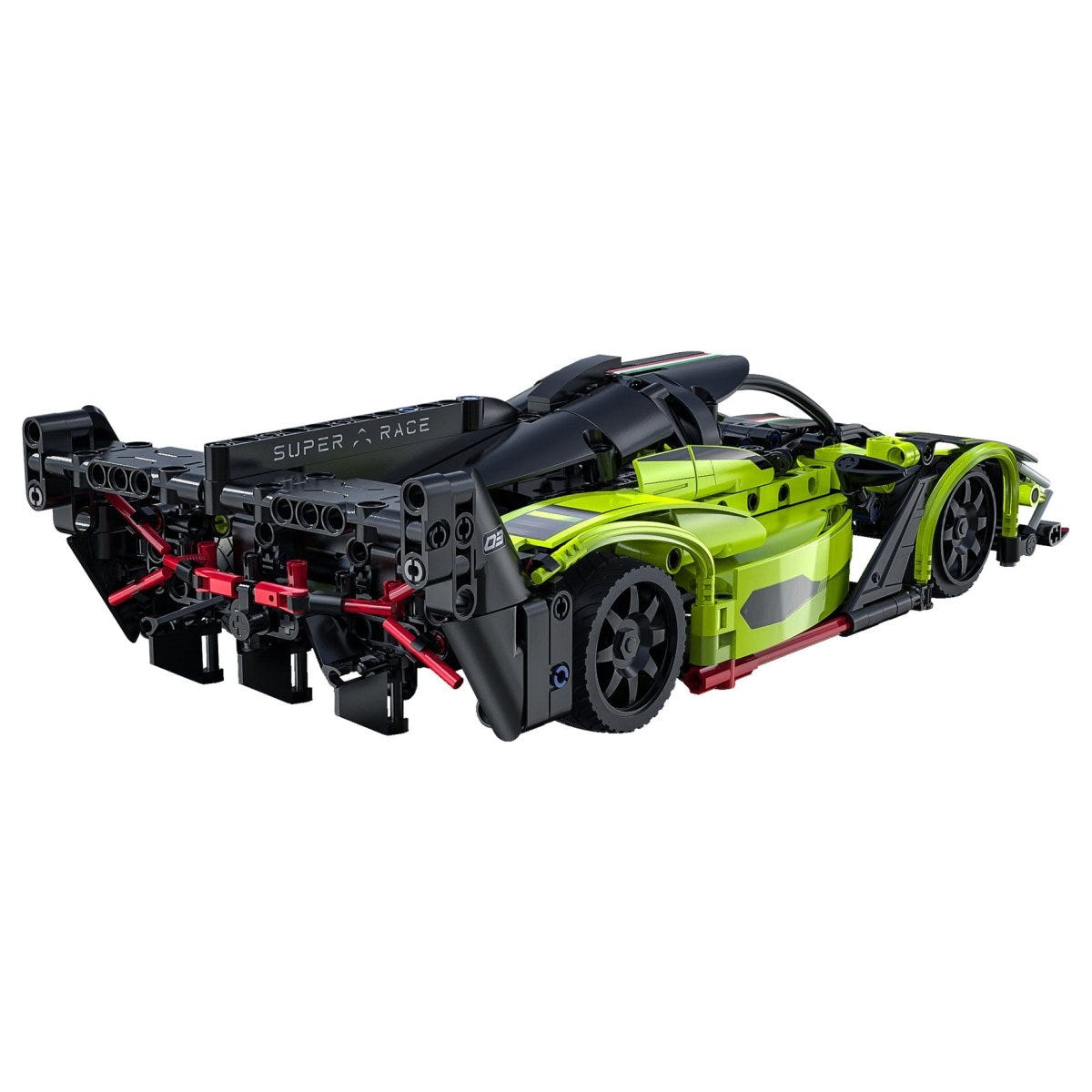 CaDA 1:14 Phantom Wing sports car brick kit, built car, rear three-quarter view
