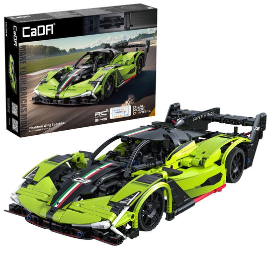 CaDA 1:14 Phantom Wing sports car brick kit, box and built lime green hypercar