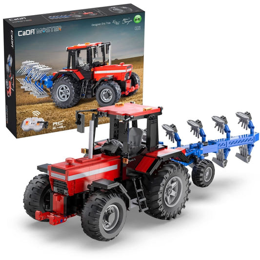 CaDA Master 1:17 farm tractor brick kit, box and built red tractor with blue plough