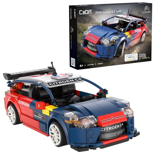 CaDA 1/20 2008 Citroen C4 WRC brick rally car in blue and red livery, shown with its box