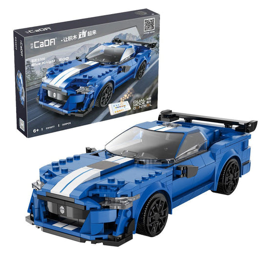 CaDA 1/20 Blue Knight sports car brick kit in blue with white racing stripes, beside its box