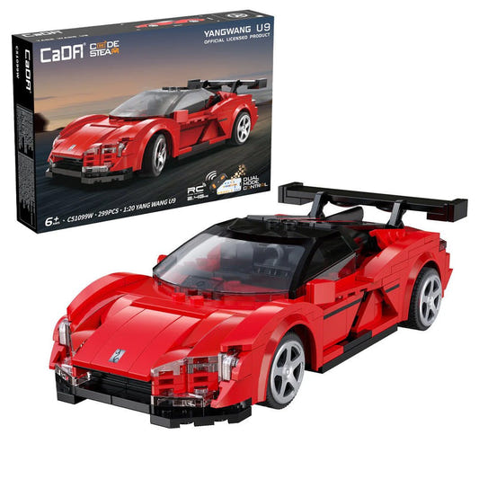 CaDA 1/20 BYD Yangwang U9 electric super coupe brick kit built in red with a rear wing, plus box