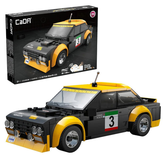 CaDA 1/20 Fiat Abarth 131 brick rally car in black and yellow with number 3, shown with its box