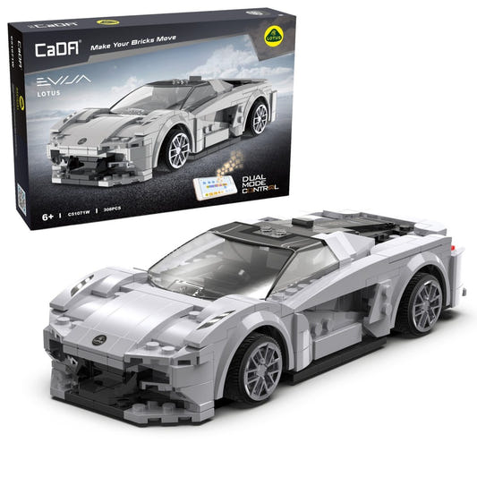 CaDA 1/20 Lotus Evija brick sports car built in silver grey, displayed in front of its box