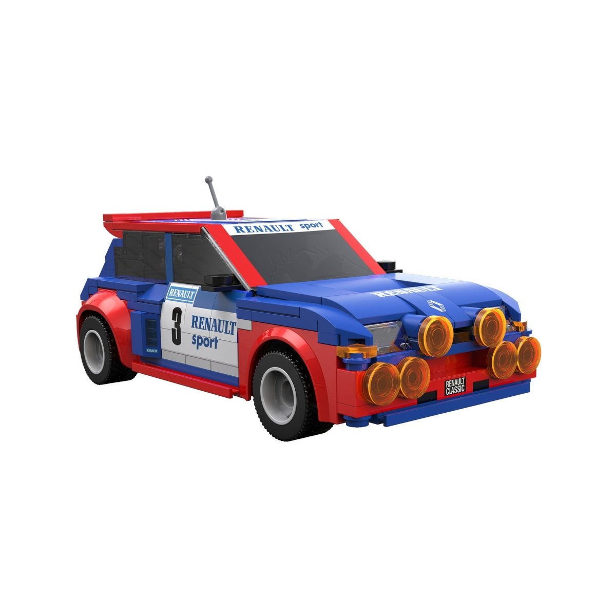 CaDA 1:20 Renault 5 Maxi Turbo brick kit, built car, front three-quarter view with spotlights