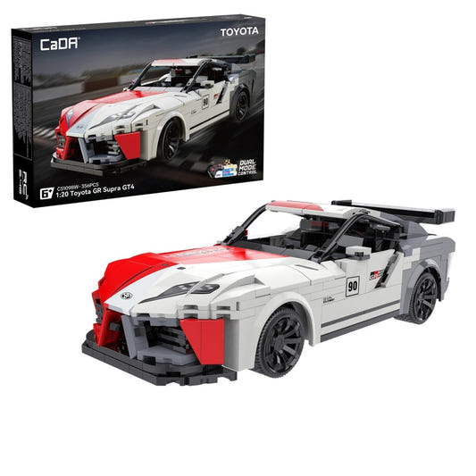 CaDA 1:20 Toyota GR Supra GT4 brick kit, box and built red and white race car number 90