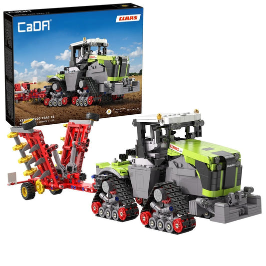 CaDA 1:32 CLAAS Xerion 5000 Trac TS tractor brick kit, box and built tracked tractor with folded red cultivator