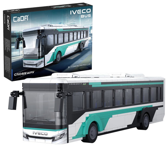 CaDA 1/43 Iveco Crossway brick bus model in white with teal stripes, shown with its box