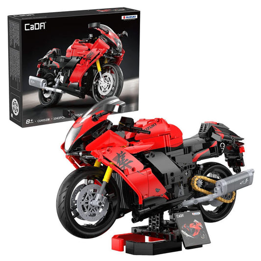 CaDA 1/6 Suzuki Hayabusa brick motorbike built in red and black on a display stand, with box