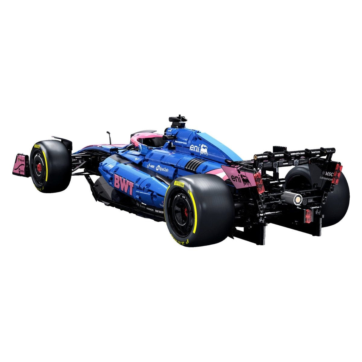 CaDA 1:8 BWT Alpine F1 Team A525 brick kit, built car, rear three-quarter view