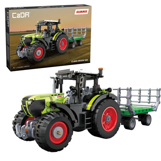 CaDA CLAAS Arion 660 tractor brick kit, box and built green tractor with trailer