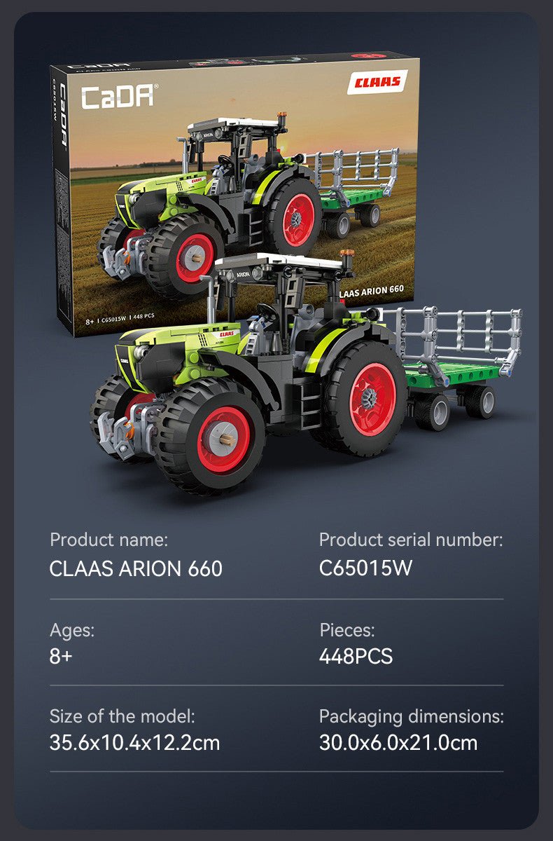 CaDA CLAAS Arion 660 tractor brick kit, product information card with size and piece count