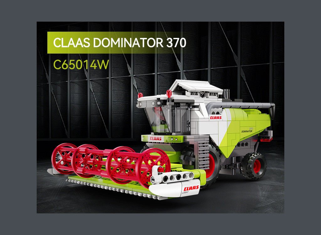 CaDA CLAAS Dominator 370 combine harvester brick kit, built combine on dark background