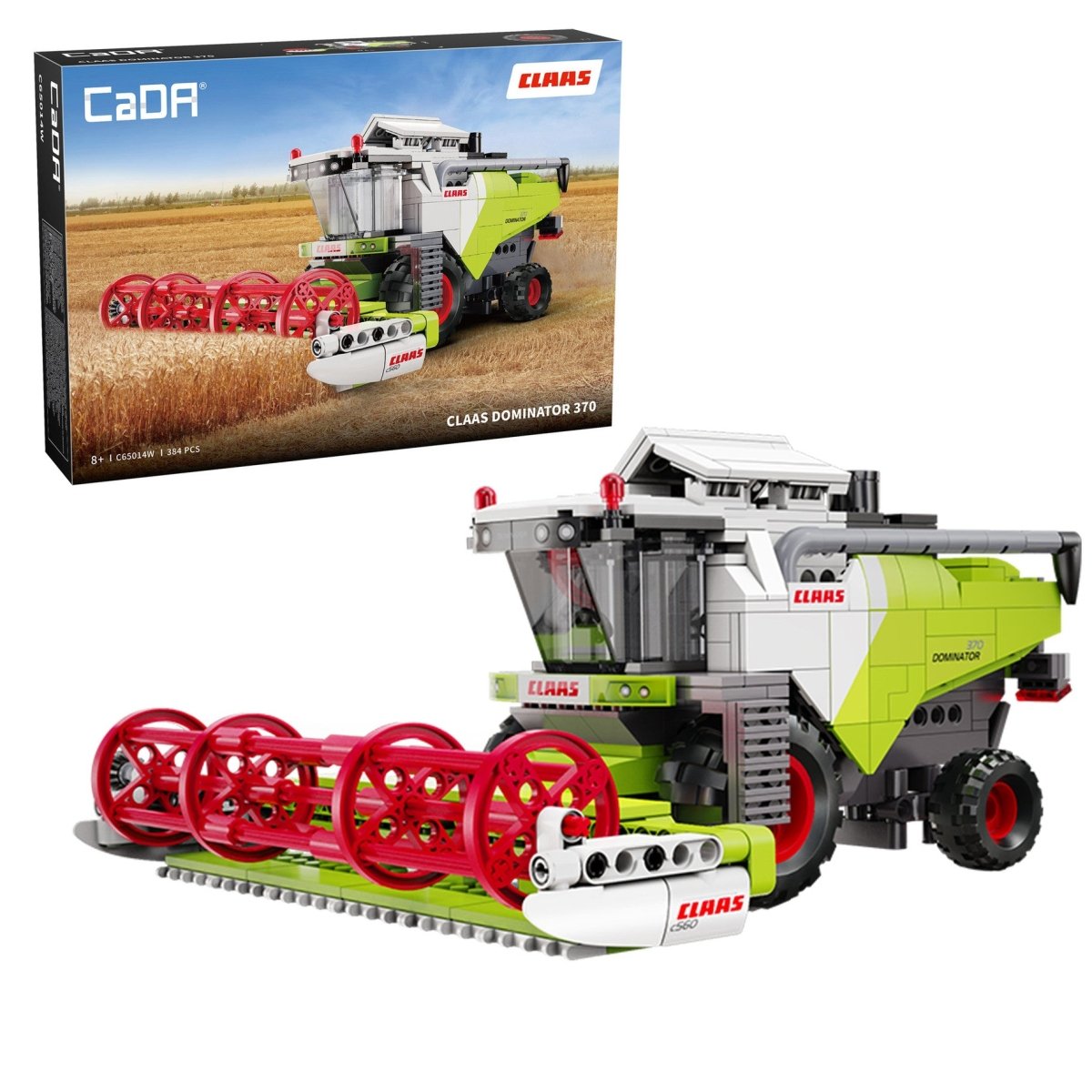 CaDA CLAAS Dominator 370 combine harvester brick kit, box and built green combine with red reel
