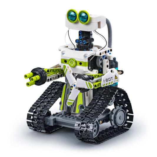CaDA I-BOT coding robot brick kit, built tracked robot, front view