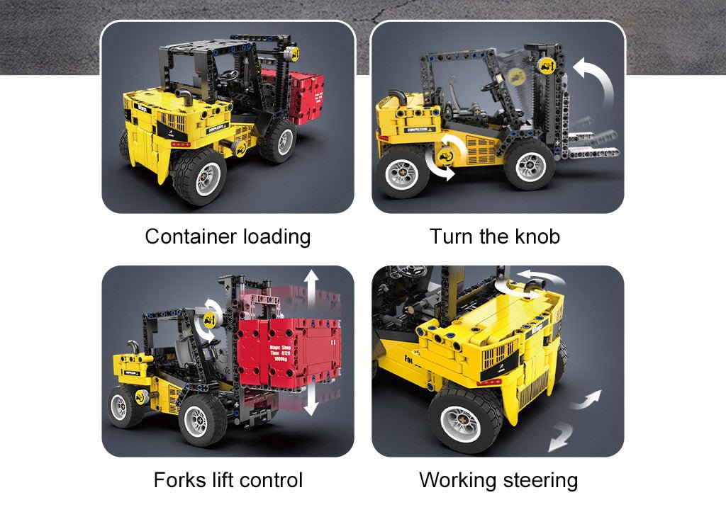 CaDA Forklift Truck features: container loading, turn the knob, fork lift control and working steering