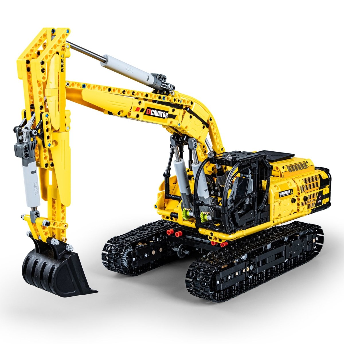 CaDA functional excavator brick kit, built excavator, front three-quarter view with arm raised