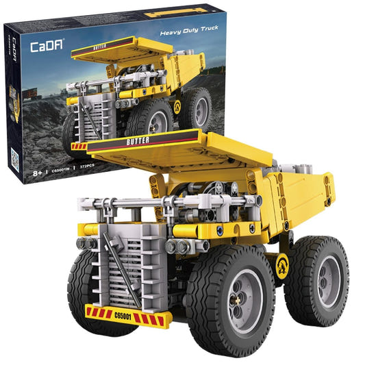 CaDA Heavy Duty Haul Truck brick model, a yellow mining dump truck shown in front of its box
