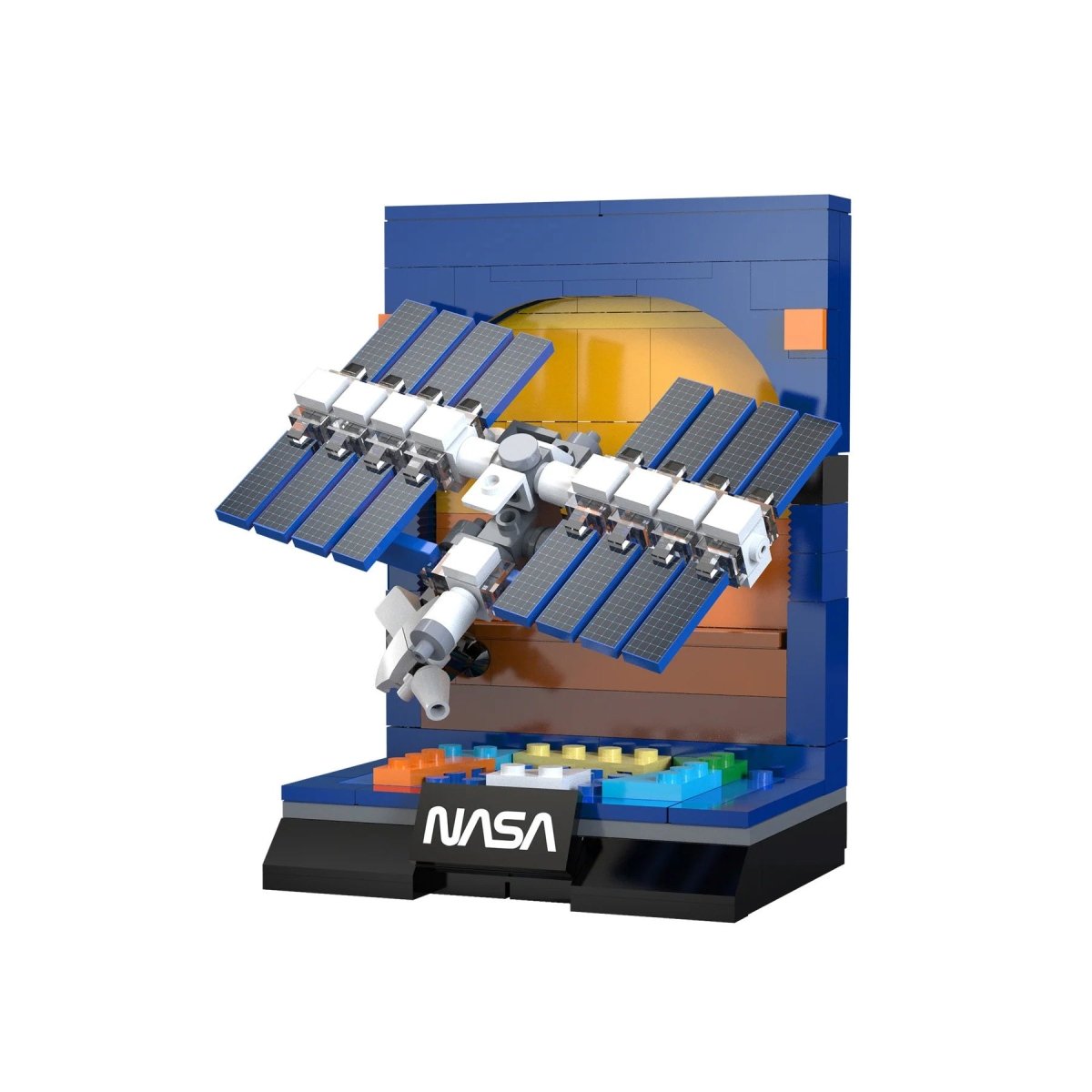 CaDA International Space Station brick model built on its NASA display stand with solar arrays