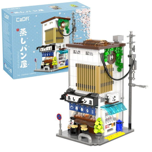 CaDA Japanese steamed bun shop brick kit, box and built white shop with telegraph pole