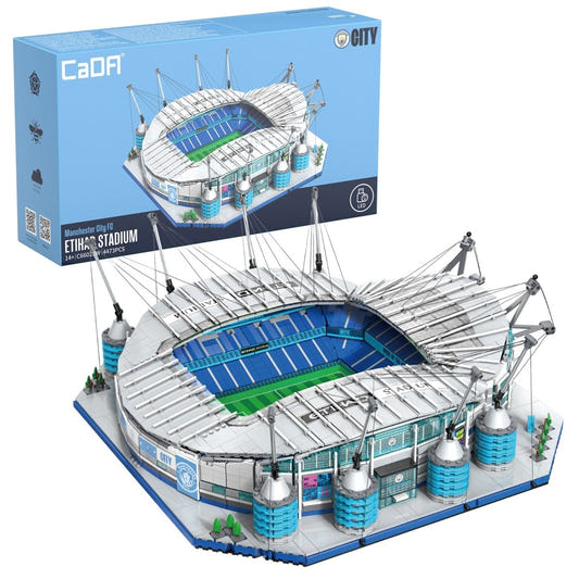 CaDA Manchester City Etihad Stadium brick model with blue pitch and roof masts, shown with box