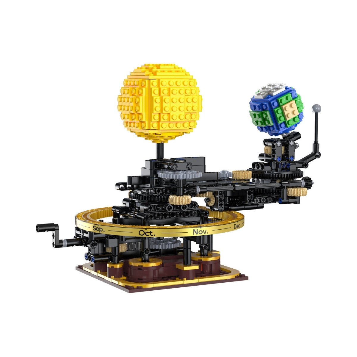 CaDA mini mechanical solar system brick kit, built orrery, rear view with hand crank