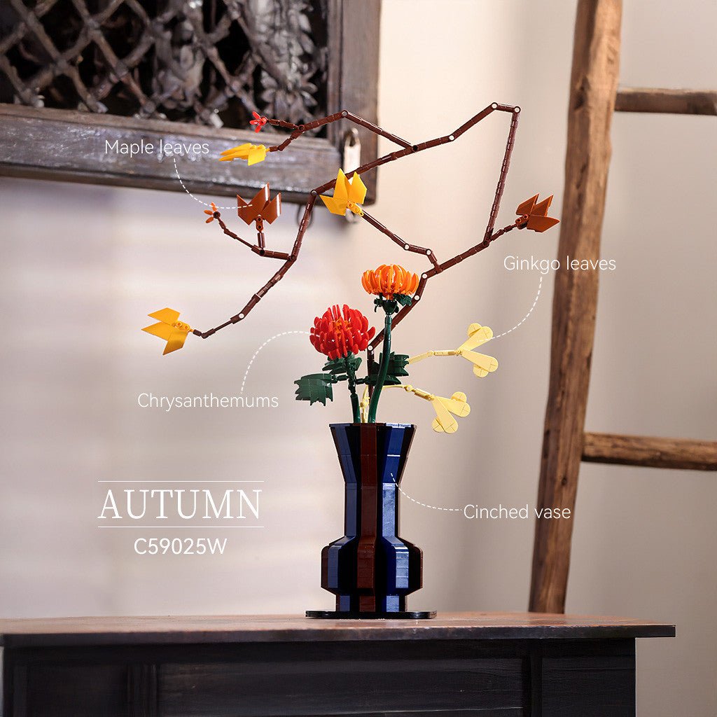 CaDA Oriental Floral Art: Autumn brick kit, built display on a side table with labelled flowers