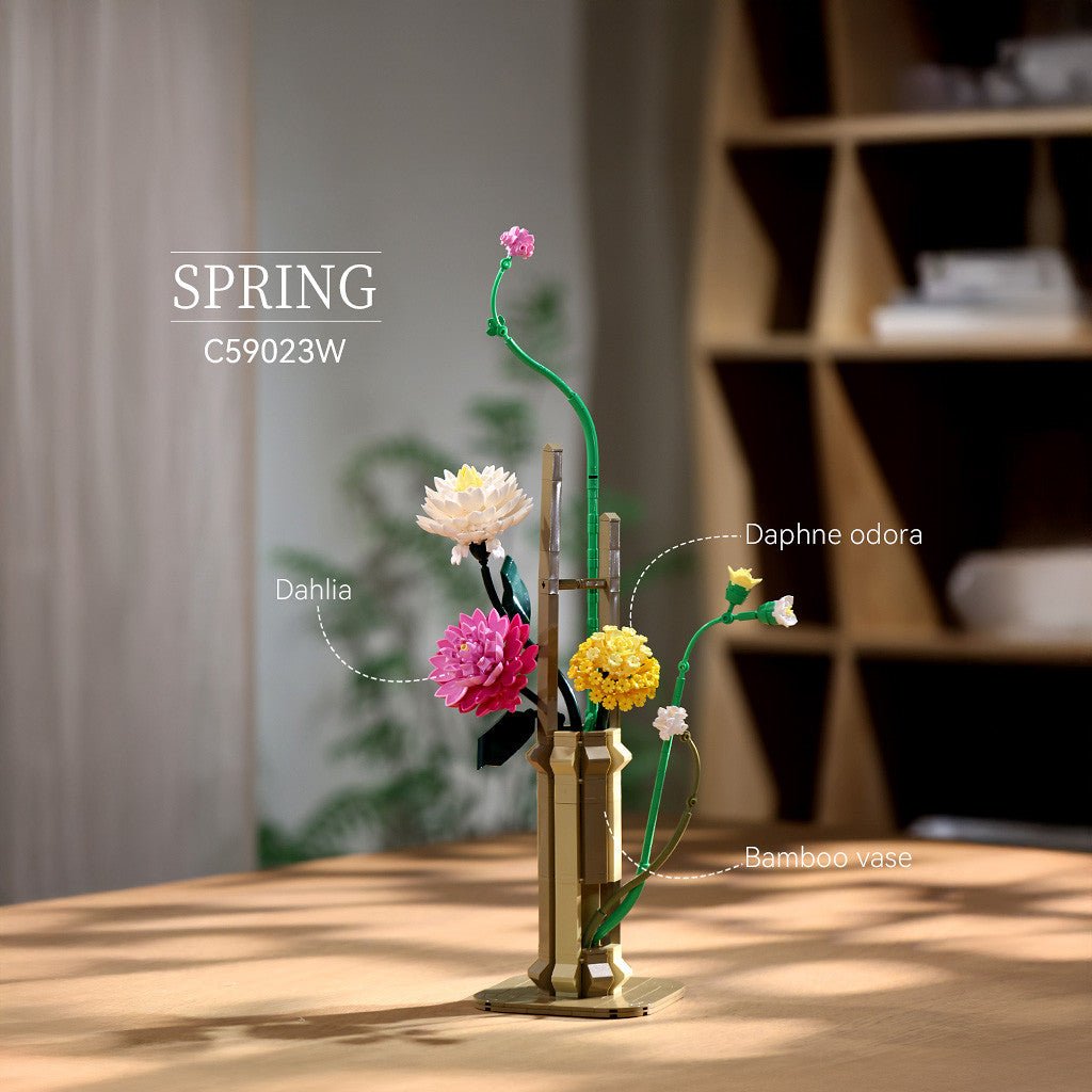 CaDA Oriental Floral Art Spring brick model with dahlia and daphne blooms in a bamboo vase