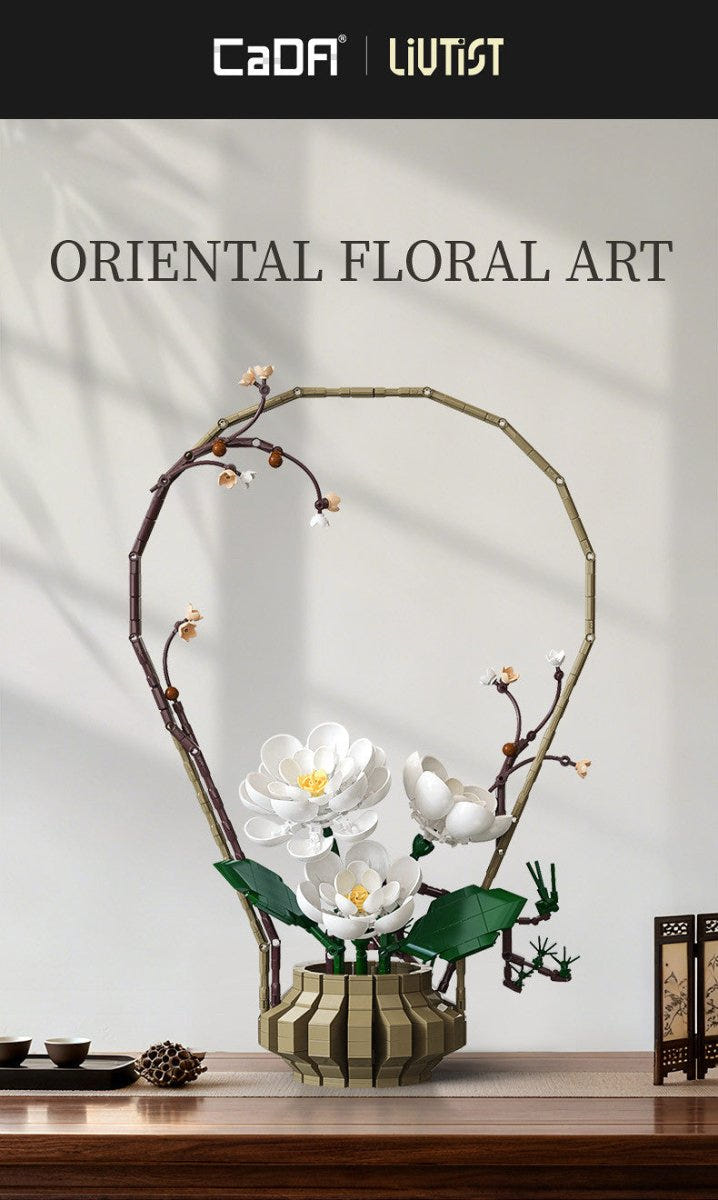 CaDA Oriental Floral Art Winter brick flower basket displayed on a wooden shelf