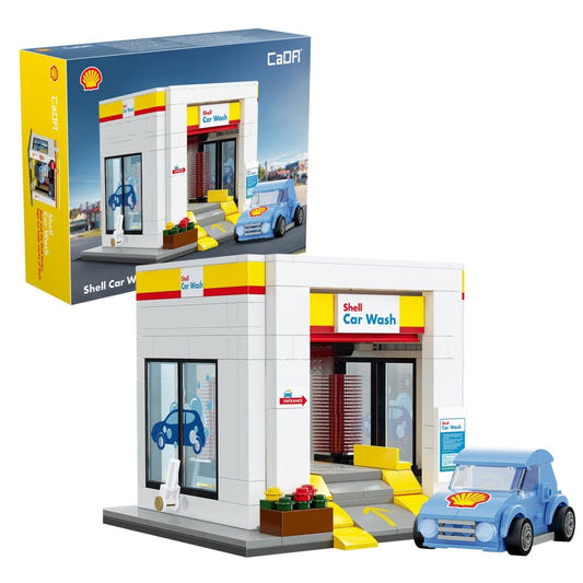 CaDA Shell Car Wash brick set with a blue car leaving the wash bay, shown with its box