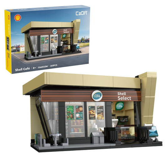 CaDA Shell Select Coffee Shop Cafe brick building with a wood-effect front, beside its box