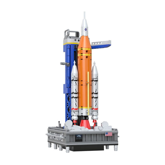 CaDA SLS Artemis Space Launch System brick model, the orange rocket on its launch tower