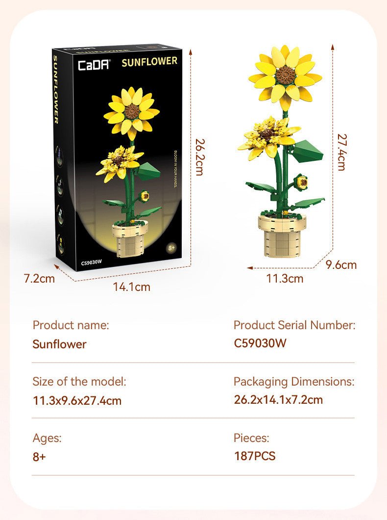 CaDA Sunflower planter C59030W box and built model with dimensions, 187 pieces, ages 8+