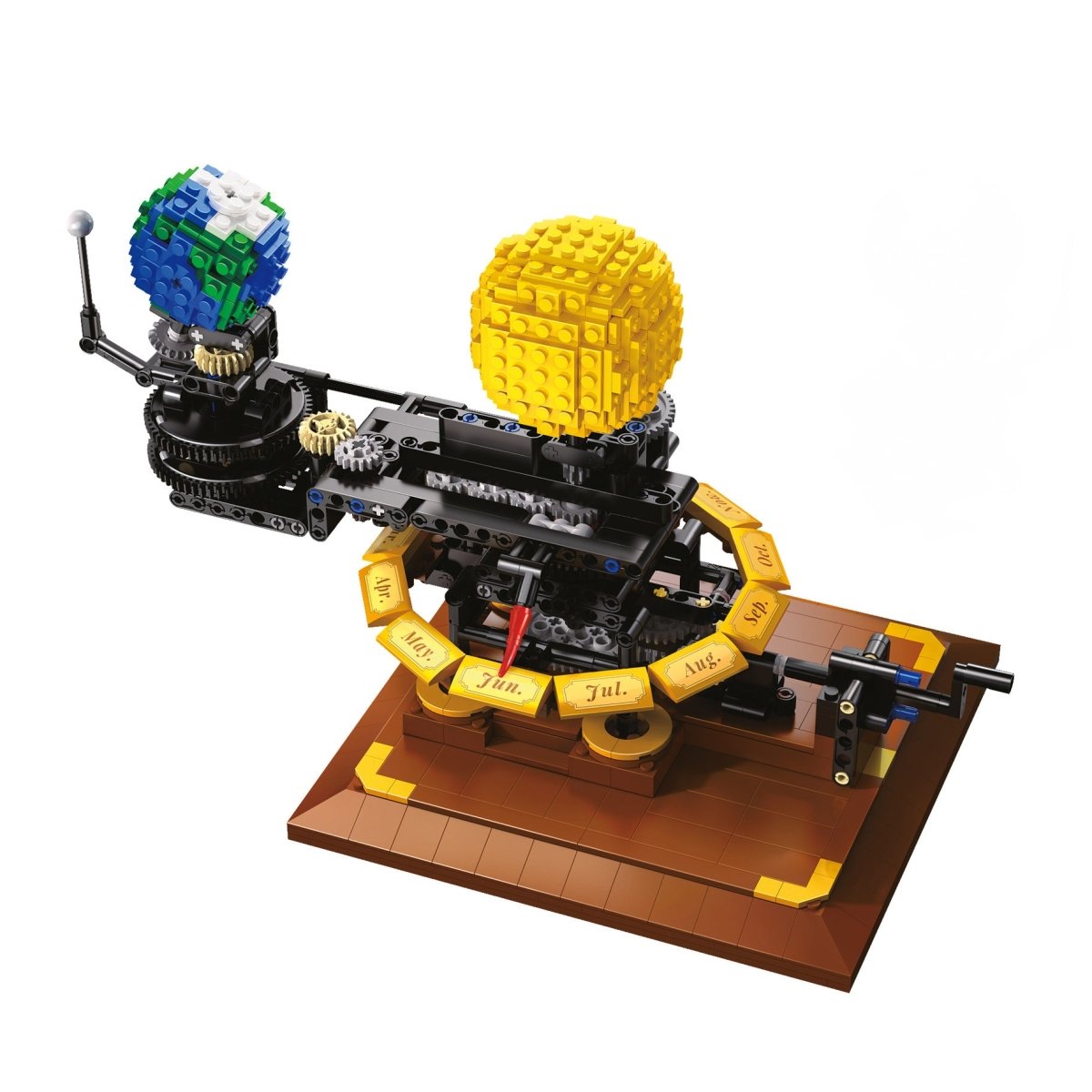CaDA The Solar System brick model of the Sun, Earth and Moon on a wooden-look base