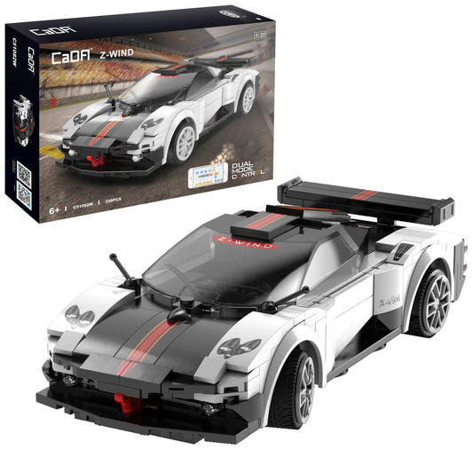 CaDA Z-Wind hypercar brick kit, box and built white and black car with red stripe
