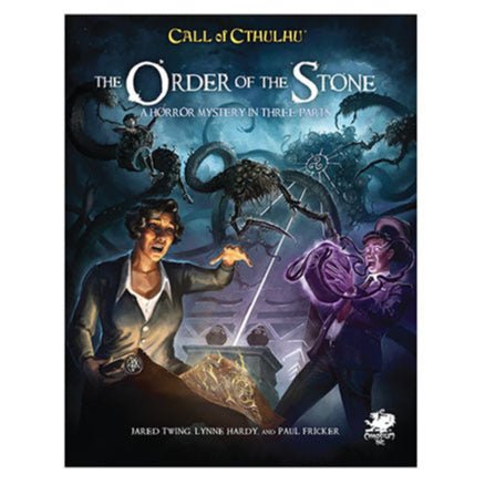 Call of Cthulhu The Order of the Stone hardcover cover art showing investigators confronting a tentacled horror