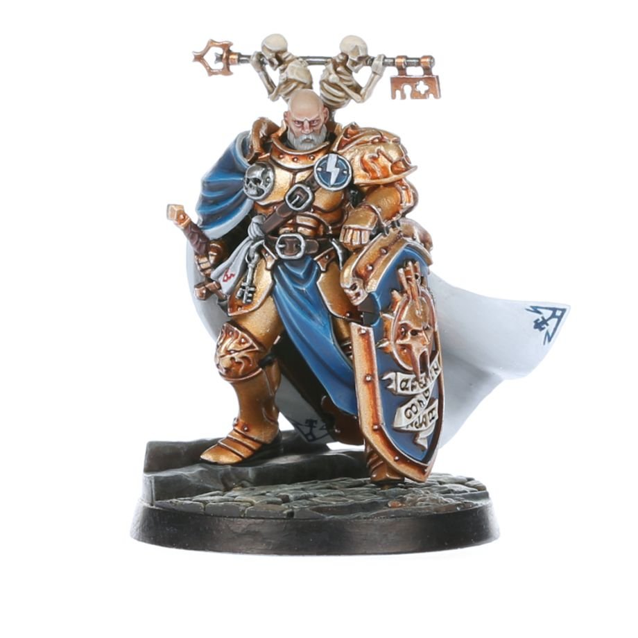 Painted Stormcast Eternal in gold armour and blue cloak with keys and shield, Saviours of Cinderfall