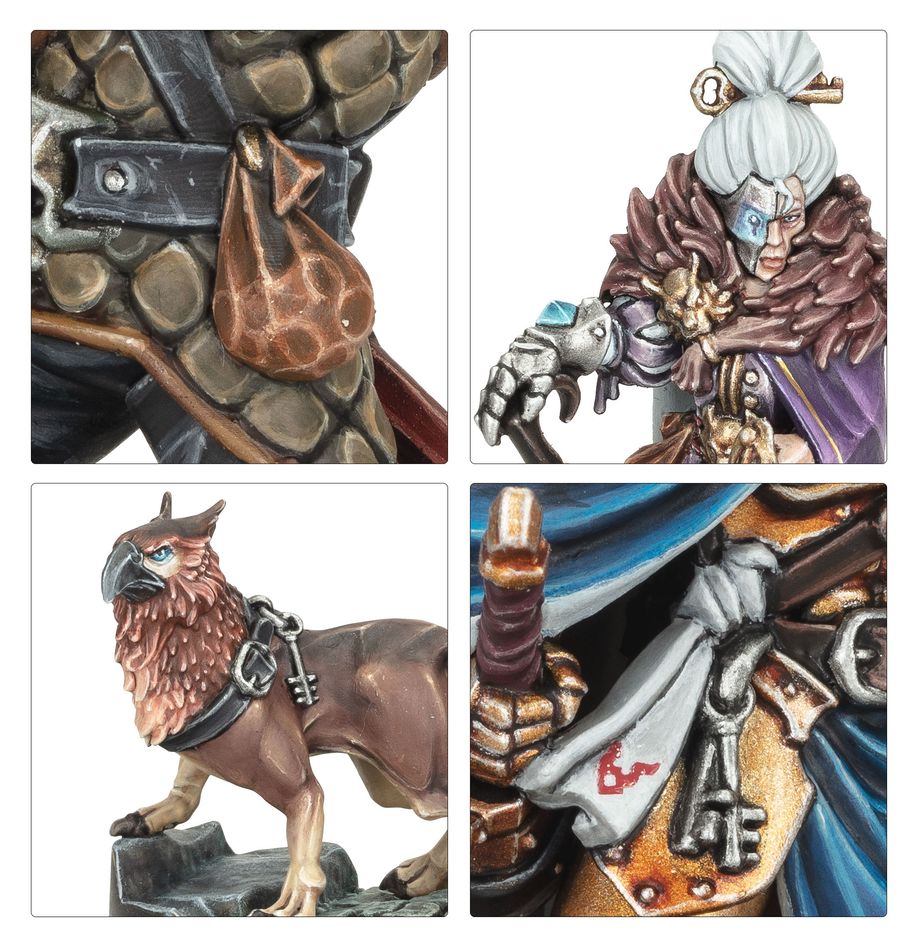 Close-ups of painted Saviours of Cinderfall details: pouch, mystic, gryph-hound and key ring