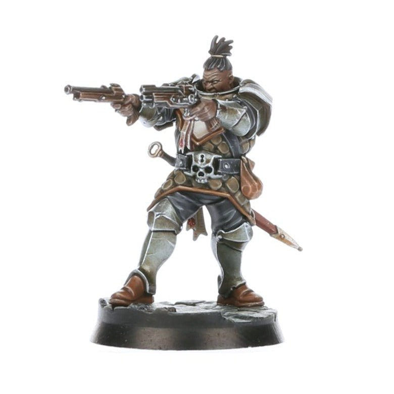 Painted Saviours of Cinderfall marksman aiming a long rifle, top-knot hairstyle