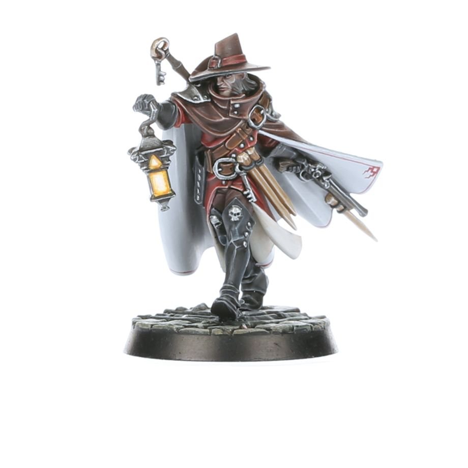 Painted witch hunter Hanniver Toll in a wide-brimmed hat with lantern and pistol