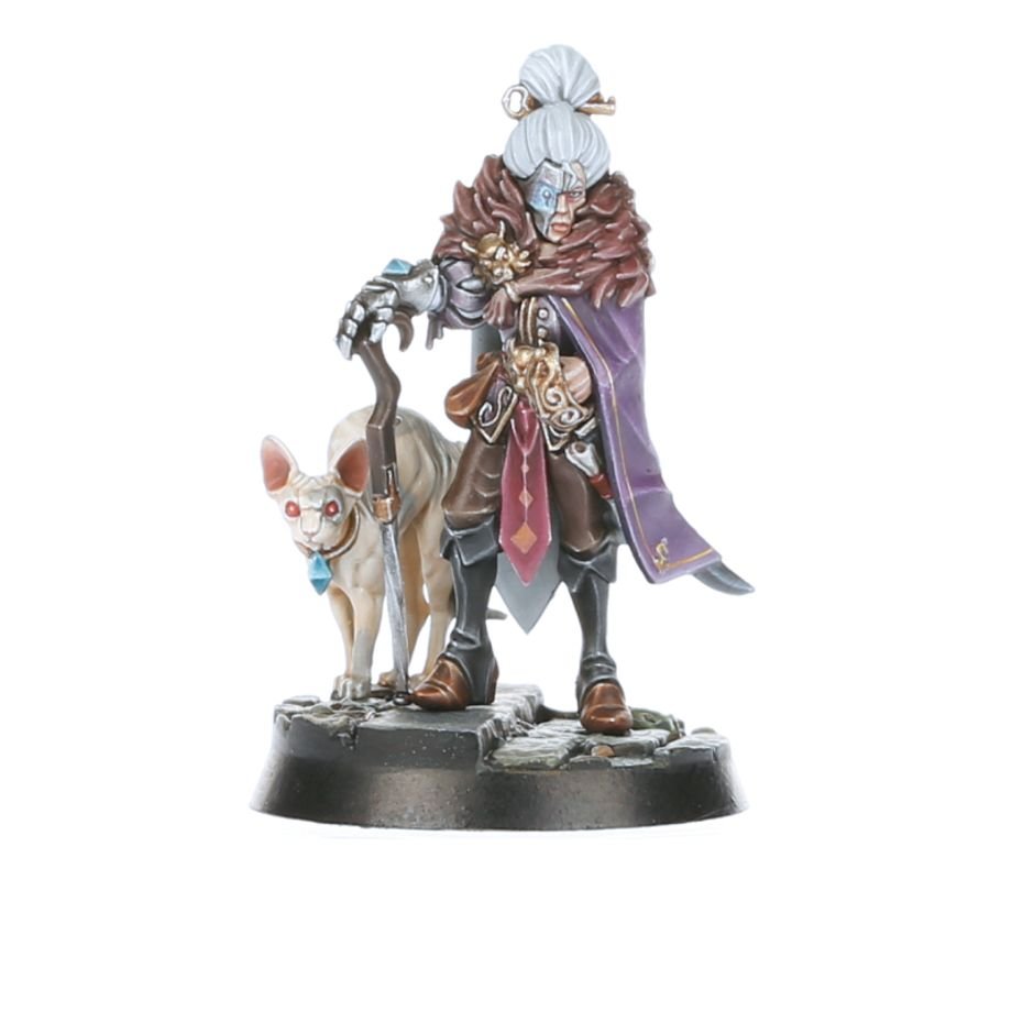 Painted grey-haired mystic in a fur-trimmed purple cloak with a pale hound companion
