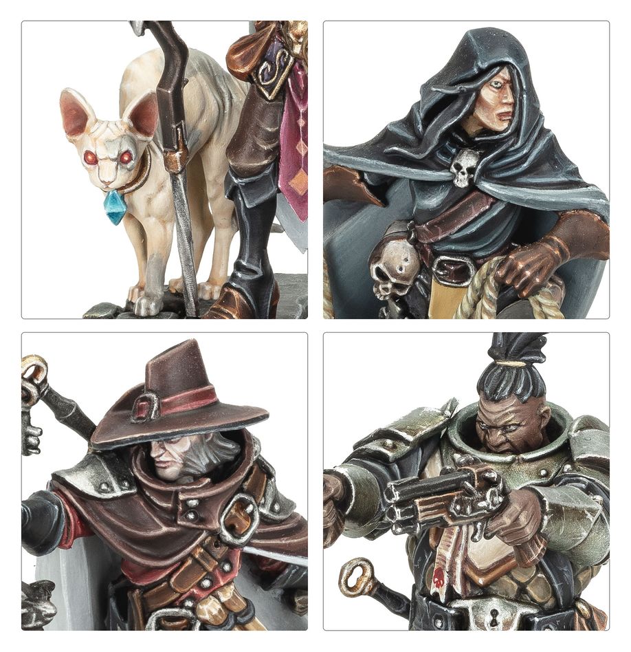 Close-ups of painted Saviours of Cinderfall: pale hound, hooded rogue, Toll's hat and the marksman