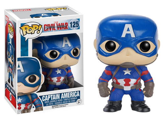 Funko Pop! Captain America Civil War bobble-head 125 shown boxed beside the figure out of the box
