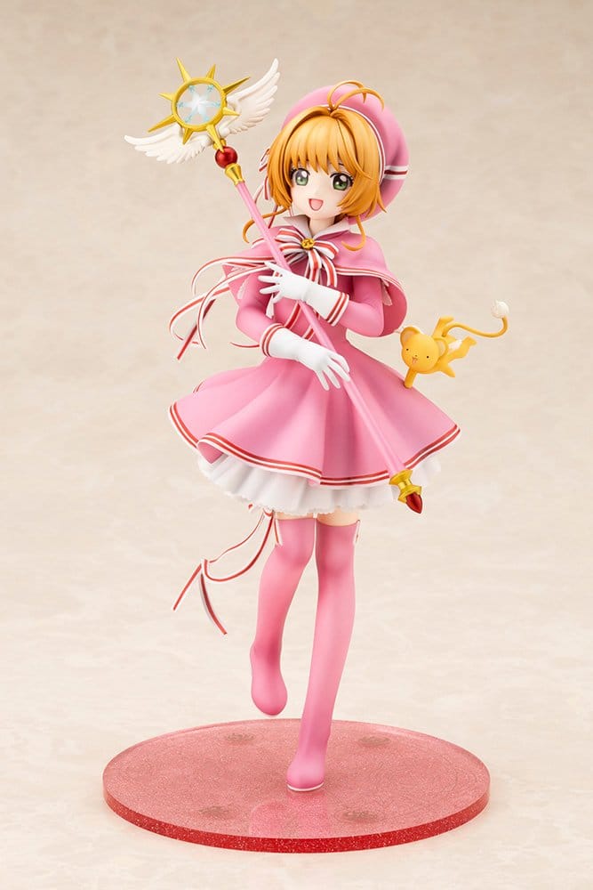 Sakura Kinomoto Siege Costume figure front view holding the Dream Staff, on pink glitter base