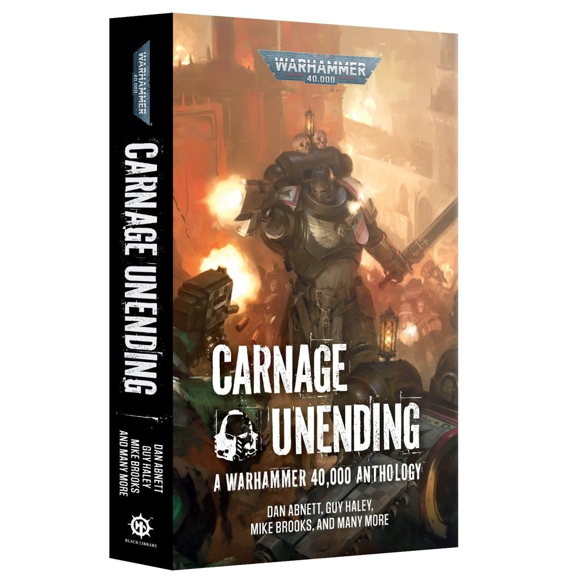 Book cover of 'Carnage Unending' with a warrior and fiery background