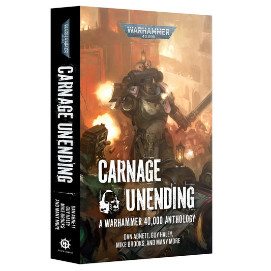 Book cover of 'Carnage Unending' with a warrior and fiery background
