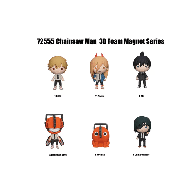 Chainsaw Man 3D Foam Magnet Series 1 checklist showing the six collectable character magnets