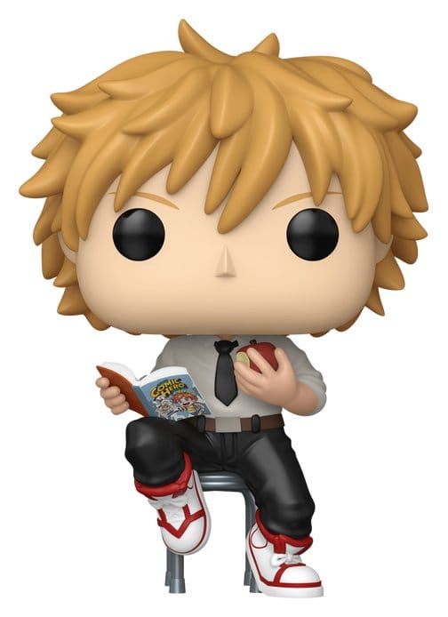Chainsaw Man Denji Funko Pop! Animation vinyl figure seated on a stool reading a comic